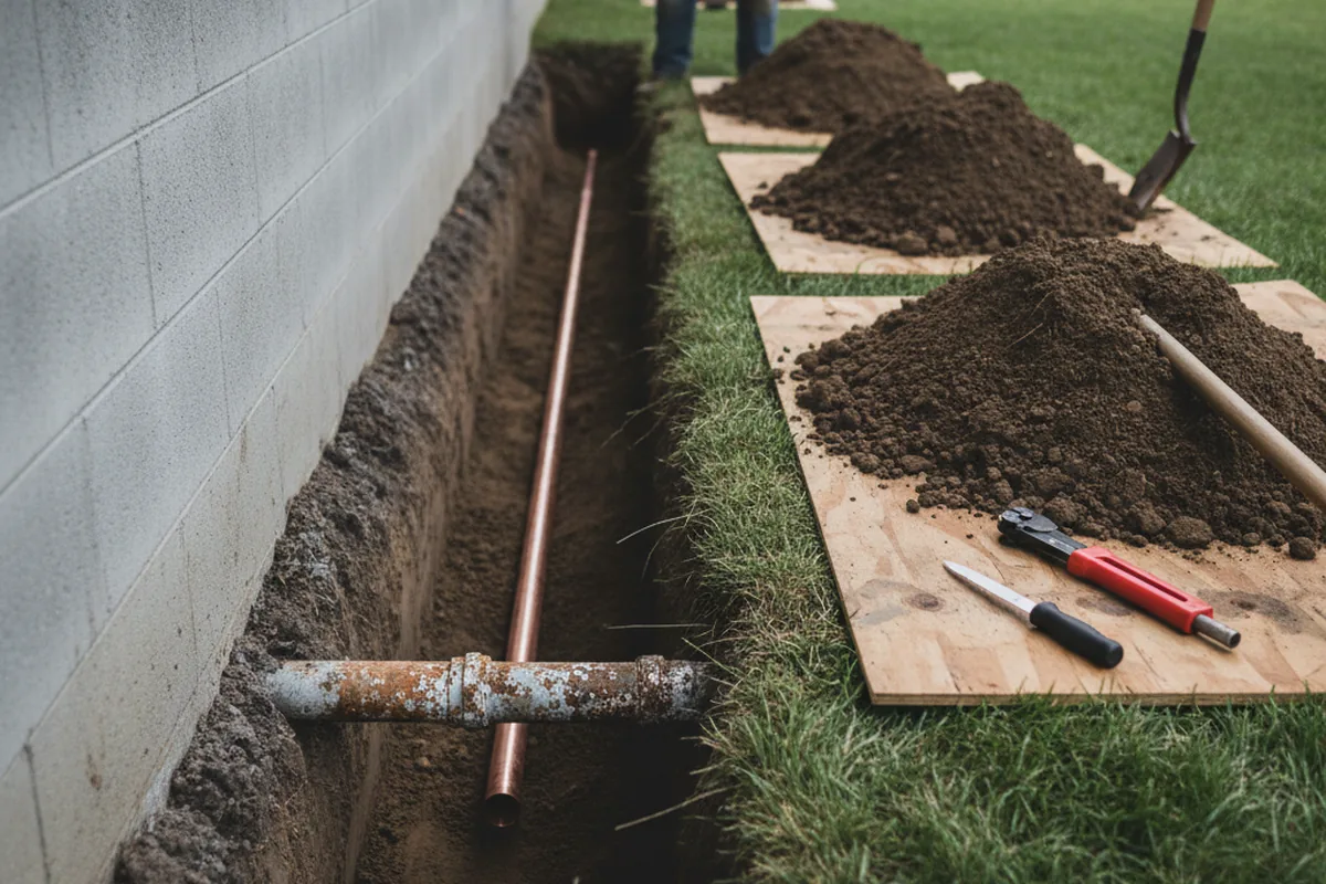 Excavated water line trench during Sewer Line Repair in Laketon